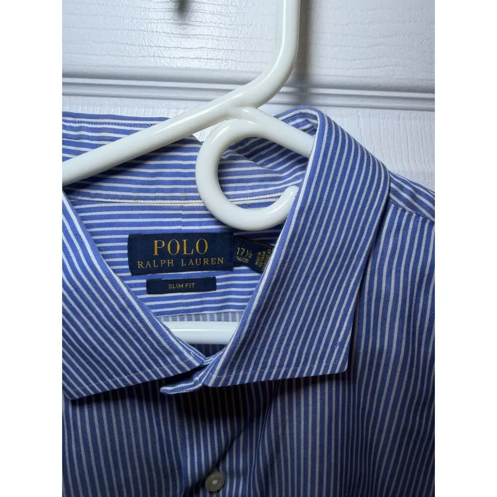 Polo Ralph Lauren Slim Fit Blue White Stripe Dress Shirt Mens 17.5 34/35